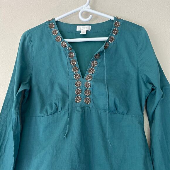 Loft babydoll bell sleeve beaded neckline cotton fairy Boho hippie teal blue M - Picture 4 of 12